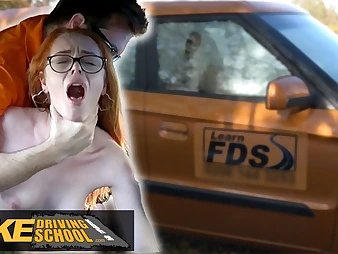 British redhead Ella Hughes gets her tight pussy drilled to the auto dimension driving